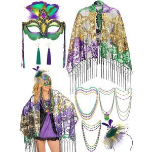 2516 16 Pcs Mardi Gras Costume Accessory Set Mardi Gras Shawl